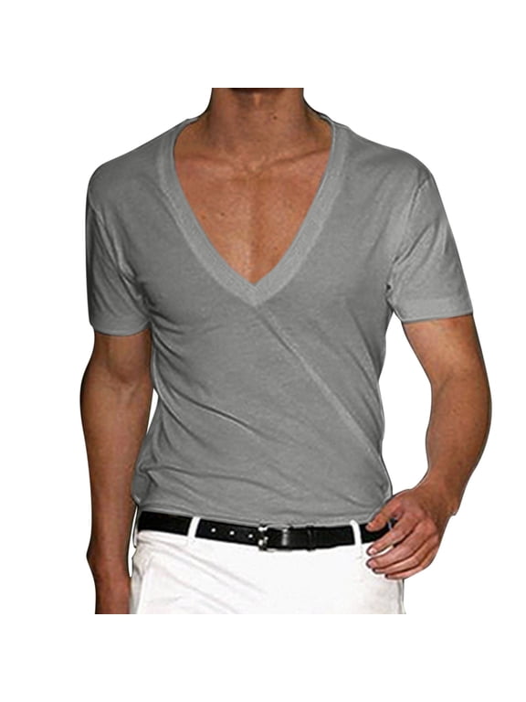 Mens Deep V Neck Short Sleeve T-Shirts Slim Fit Stretch Undershirt Soft Lightweight Casual Daily Wear Tops