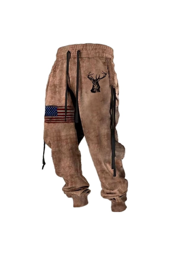 Mens Fall Casual Graphic Print Drawstring Elastic Jogger Pants Retro Washed Outdoor Travel And Sports Sweatpants With Belt Design