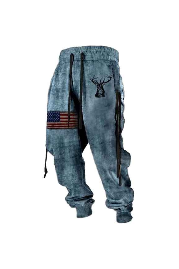 Mens Fall Casual Graphic Print Drawstring Elastic Jogger Pants Retro Washed Outdoor Travel And Sports Sweatpants With Belt Design