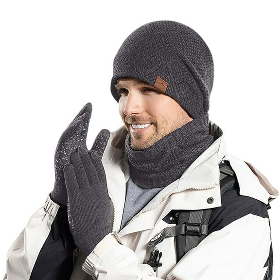 Bibifish Mens Hat Gloves Sets 3 Pc Knit Pattern Beanies Hat Touchscreen Gloves And Neck Warmer Winter Thermal Wind Proof Hat Gloves Sets