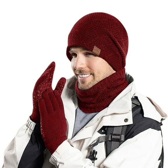 Bibifish Mens Hat Gloves Sets 3 Pc Knit Pattern Beanies Hat Touchscreen Gloves And Neck Warmer Winter Thermal Wind Proof Hat Gloves Sets