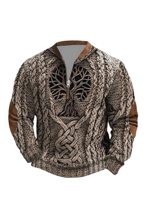 Mens Hoodies Brown Gray Tree Pattern Knit Pullover Hoodie Half-Zip Neck Soft Loose Fit Casual Camping Outdoor Daily Wear Rustic Trendy Hoodies