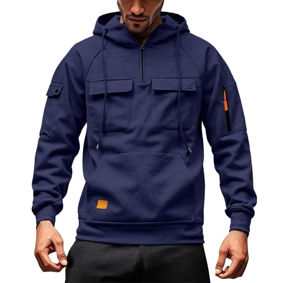Bibifish Mens Hoodies Cargo Multi-Pocket Half-Zip Hooded Sweatshirts Orange Accent Detail Drawstring Relaxed Fit Casual Outdoor Daily Leisure Hoodies