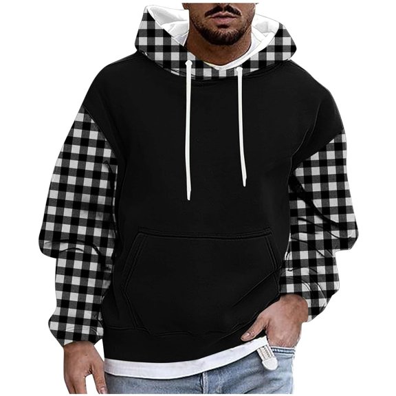Bibifish Mens Hoodies Color Block Drawstring Hooded Sweatshirts With Plaid Pattern Fall Winter Warm Fleece Lightweight Pullover Tops