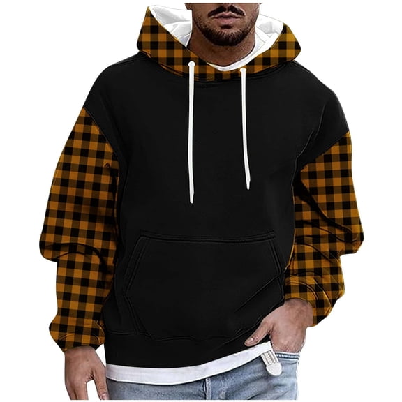 Bibifish Mens Hoodies Color Block Drawstring Hooded Sweatshirts With Plaid Pattern Fall Winter Warm Fleece Lightweight Pullover Tops