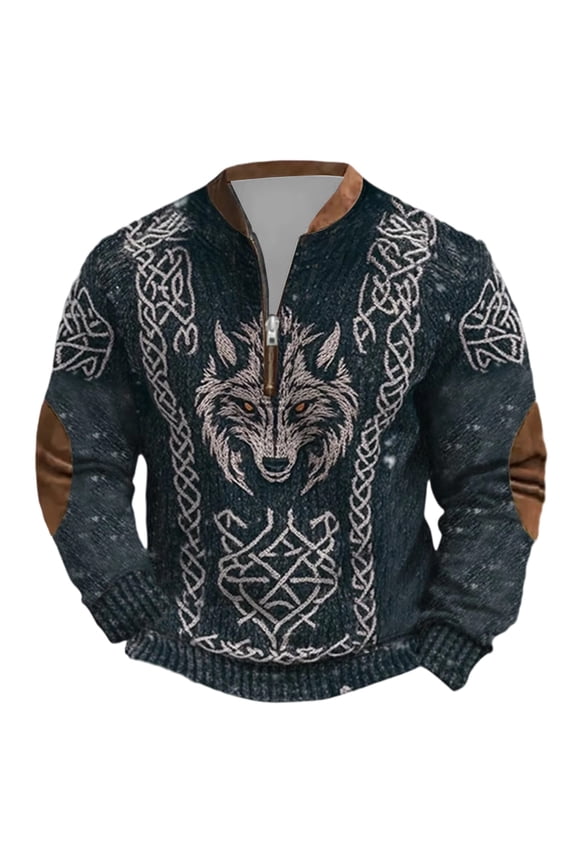 Mens Hoodies Dark Blue Wolf Pattern Knit Pullover Hoodie Half-Zip Neck Thick Warm Regular Fit Casual Winter Daily Outings Nordic Stylish Hoodies