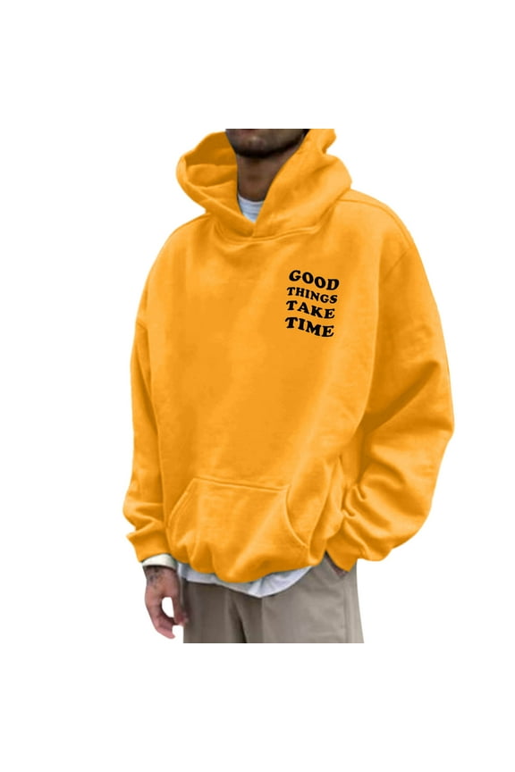 Mens Hoodies Royal Blue "GOOD THINGS TAKE TIME" Print Pullover Hoodie With Pocket Relaxed Fit Casual Weekend Hangout Trendy Hoodies