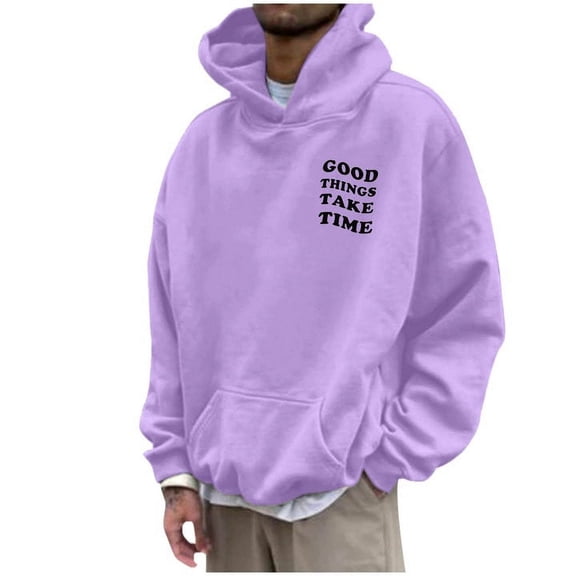 Bibifish Mens Hoodies Royal Blue "GOOD THINGS TAKE TIME" Print Pullover Hoodie With Pocket Relaxed Fit Casual Weekend Hangout Trendy Hoodies