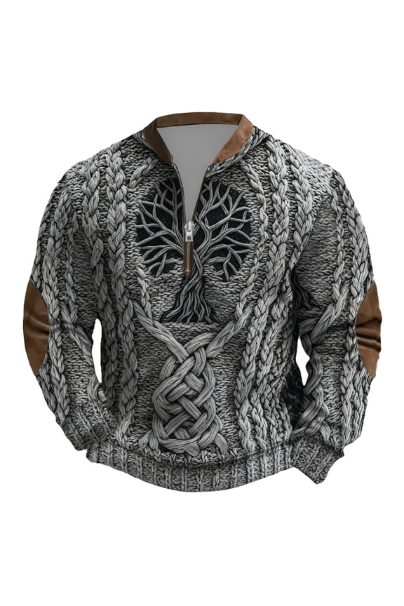 Mens Hoodies Tree Knitted Pattern Graphic Pullover Hoodie Half-Zip Neck Leather Elbow Patch Regular Fit Casual Winter Daily Outings Hoodies