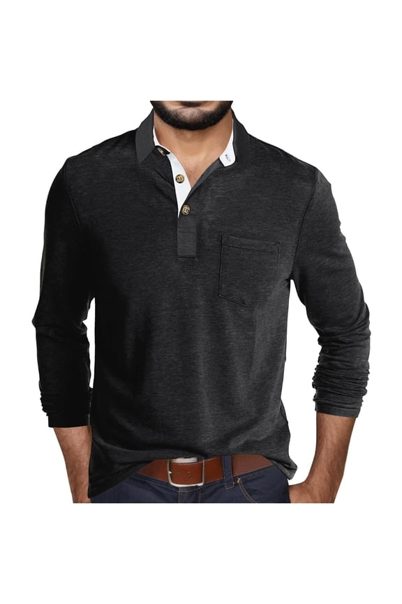 Mens Long Sleeve Polo Shirt With Pocket Classic Color Block Stretchy Undershirt Casual Daily Office Polo Shirt