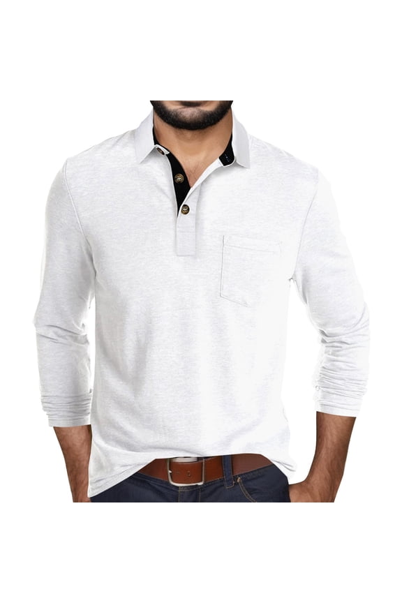 Mens Long Sleeve Polo Shirt With Pocket Classic Color Block Stretchy Undershirt Casual Daily Office Polo Shirt