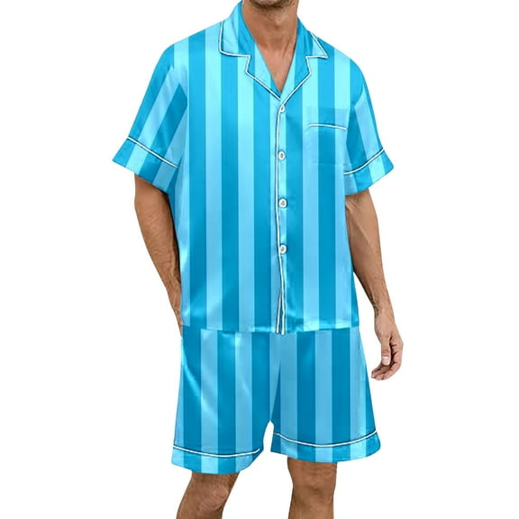 Bibifish Mens Pajama Sets Soft Short Sleeve Shirts And Shorts Sets 2 Pieces Pajama Sleepwear Casual Striped Print Loose Summer Sleepwear