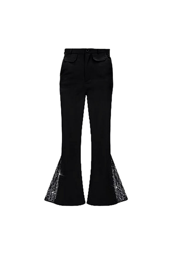 Mens Pants 70s Boys Classic Casual Retro Sequins Flare Pants Sequins Flared Hem Button-Zip Waistband Flared Hem Trousers