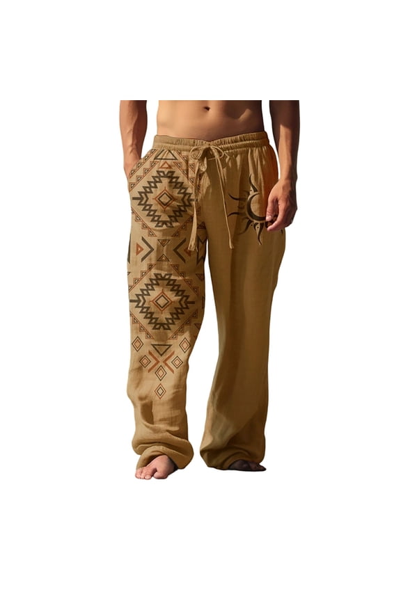Mens Pants Casual Print Pants Linen Blend Straight Leg Trousers Loose Fit Graphic Pants Relaxed Fit Comfort Stylish Sports Pants