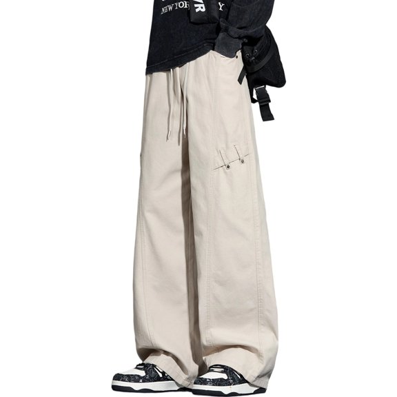 Bibifish Mens Pants Casual Wide Leg Pants Comfort Fit Drrawstring Pants Spring Autumn Everyday Wear Trousers Solid Color Casual Pants