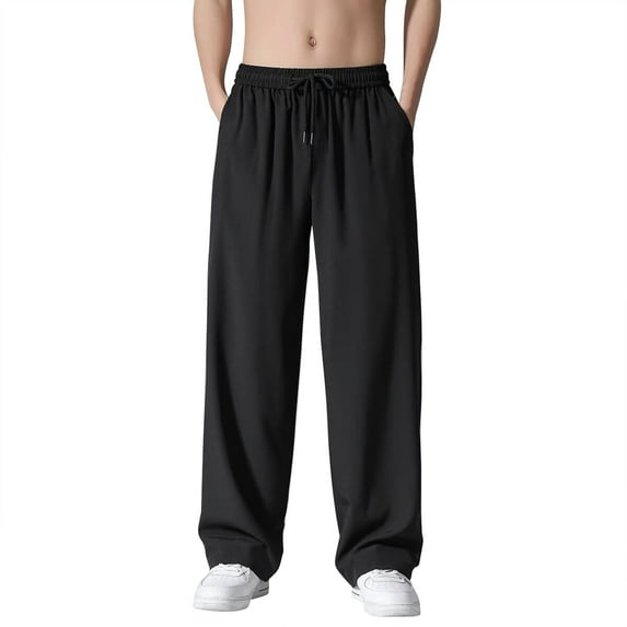 Bibifish Mens Pants Fall Cozy Wide Leg Drawstring Elastic Waist Pants Cozy Breathable Solid Color Long Straight-Leg Workout Trousers