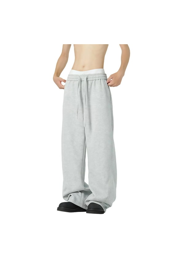 Mens Pants Fall Winter Baggy Long Straight Loose Pants Solid Color Elastic Waist Cozy Trousers Travel Workout Streetwear Pants