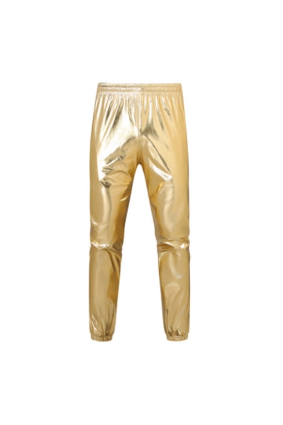 Mens Pants Gold Stage Performance Shiny Metallic Bottoms For Dance Shows And Party Slim Fit Elastic Waist Full Length Trousers