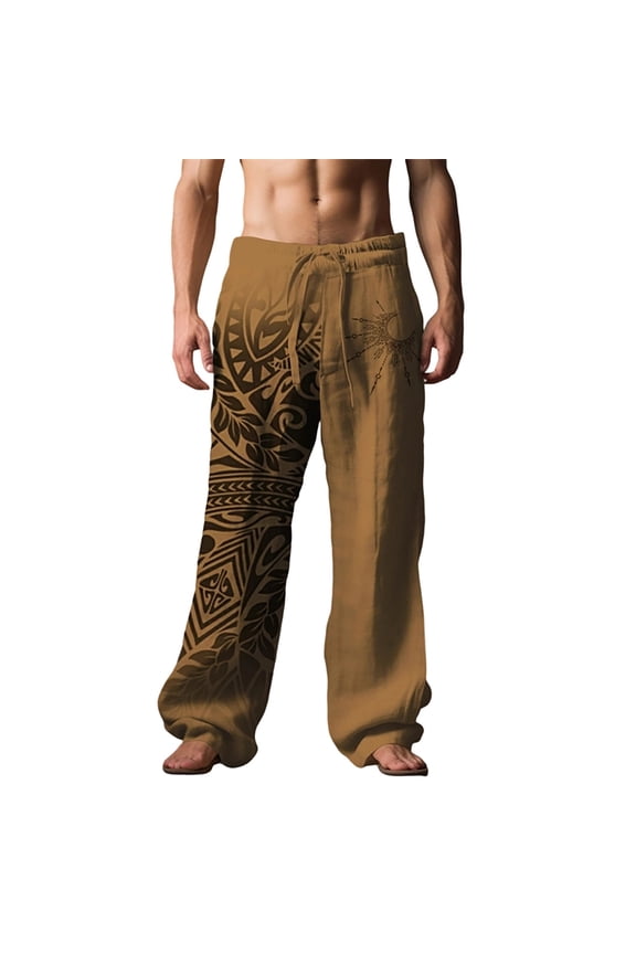Mens Pants Retro Casual Graphic Print Wide Leg Pants Linen Blend Elastic Waist Straight Leg Trousers Comfortable Sports Pants