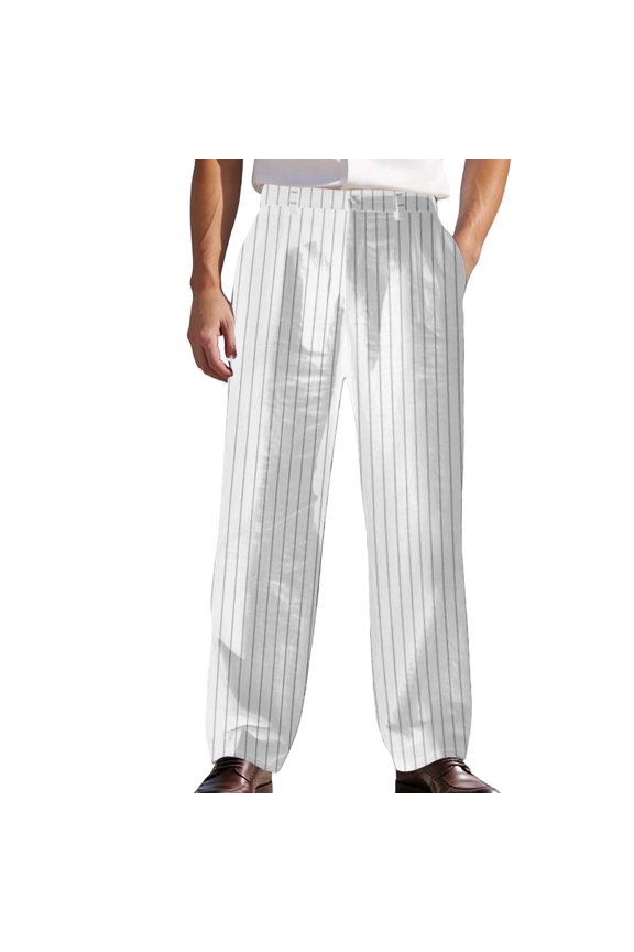 Mens Pants Striped Trousers, Pleated Front Button-Zip Waistband Loose Fit Pants, Lightweight Breathable Casual Straight Leg Chino Pants