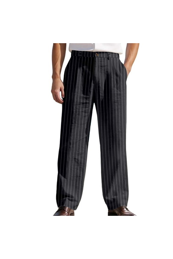 Mens Pleated Pants Strip Pattern Casual Dress Linen Pants Pockets Loose Fit Comfortable Breathable Straight Suit Trousers
