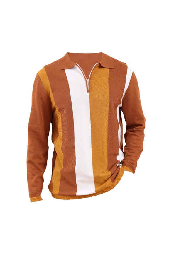 Mens Polo Shirt Bold Vertical Stripe Pattern Zip Neck Pullovers With Ribbed Hem Cuffs Retro Style Shirts
