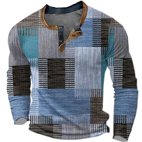 Bibifish Mens Polo Shirt Patchwork Plaid Graphic Print Henley Neck Tops With Button Placket Vintage Style Blouses