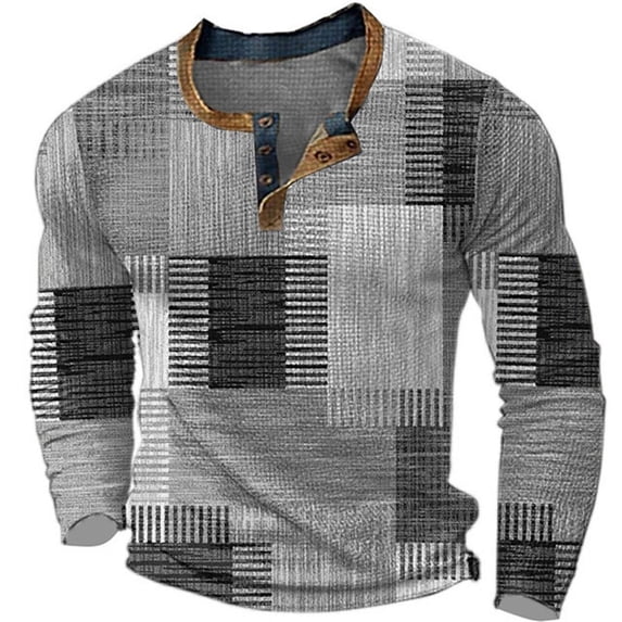 Bibifish Mens Polo Shirt Patchwork Plaid Graphic Print Henley Neck Tops With Button Placket Vintage Style Blouses