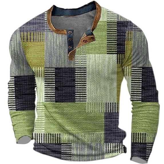 Bibifish Mens Polo Shirt Patchwork Plaid Graphic Print Henley Neck Tops With Button Placket Vintage Style Blouses