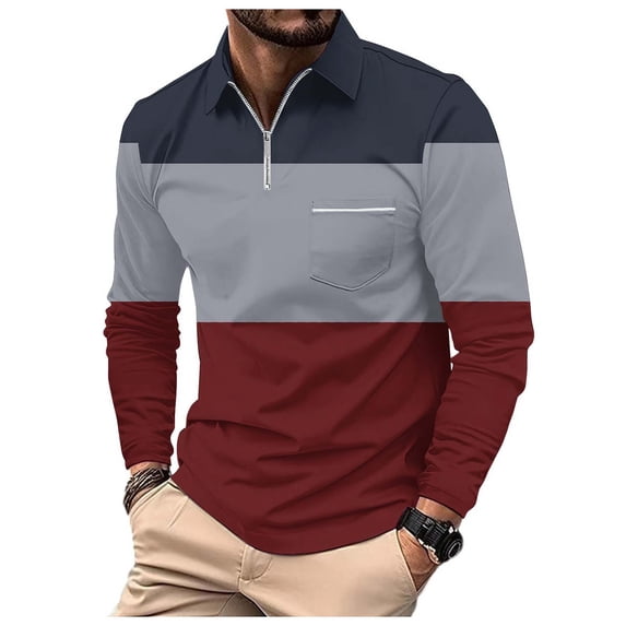Bibifish Mens Polo Shirt Two Tone Color Block Panels Zip Front Collar Shirt Simple Chest Pocket Minimalist Tops
