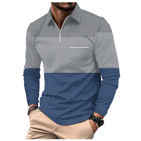 Bibifish Mens Polo Shirt Two Tone Color Block Panels Zip Front Collar Shirt Simple Chest Pocket Minimalist Tops