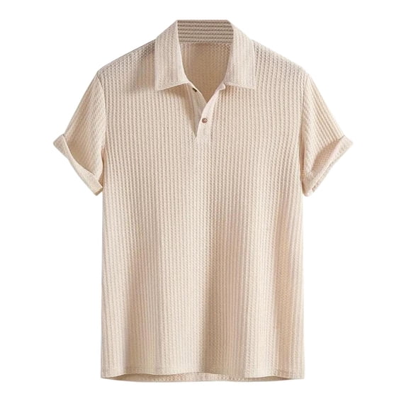 Bibifish Mens Polo Shirt Vertical Waffle Texture Fabric Collar Pullovers With Cuffed Sleeve Design Daily Shirts