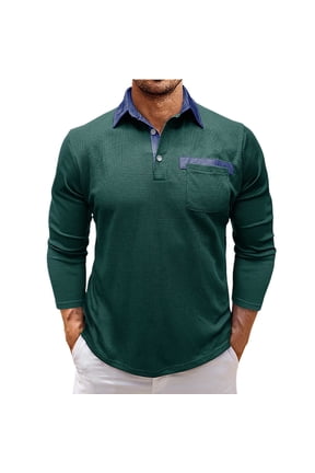 Mens Polo Shirt Waffle Knit Textured Fabric Denim Collar Tops With Patch Chest Pocket Relaxed Fit Tees