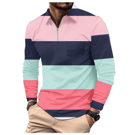 Bibifish Mens Polo Shirt Wide Horizontal Striped Print Zip Collar Tops With Stitched Pocket Detail Outdoor Casual Tees
