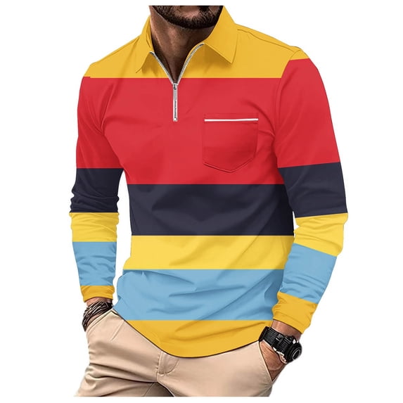 Bibifish Mens Polo Shirt Wide Horizontal Striped Print Zip Collar Tops With Stitched Pocket Detail Outdoor Casual Tees