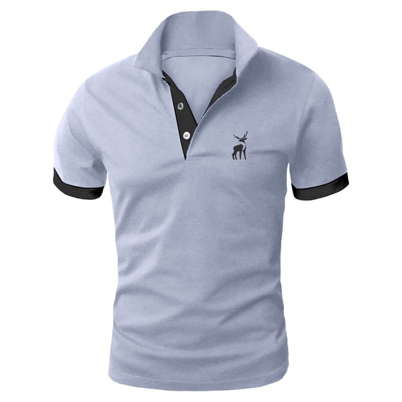 Bibifish Mens Polo Shirts Antler Stag Embroidery Contrast Accent Short Sleeve Shirts Classic Fit Business Wear Casual Tops