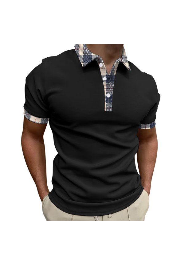 Mens Polo Shirts Check Pattern Collar Placket Sleeve Shirts Mens Spring Summer Office Daily Tops