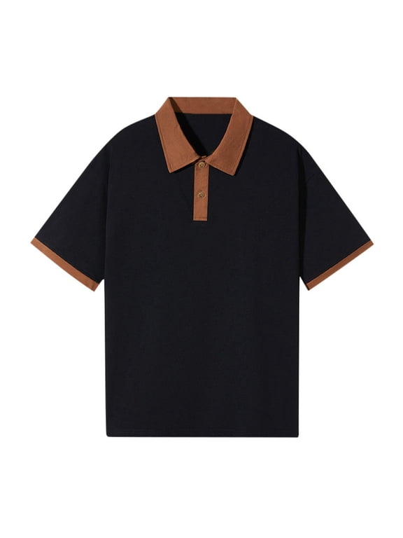 Mens Polo Shirts Contrast White Collar And Placket Shirts Short Sleeve Loose Fit Classic Casual Tops