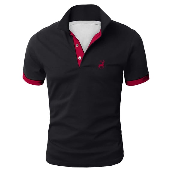 Bibifish Mens Polo Shirts Deer Embroidery Contrast Placket Short Sleeve Shirts Regular Fit Office Wear Commute Business Tops