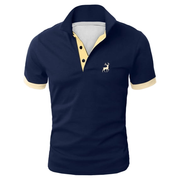 Bibifish Mens Polo Shirts Deer Embroidery Contrast Placket Short Sleeve Shirts Regular Fit Office Wear Commute Business Tops