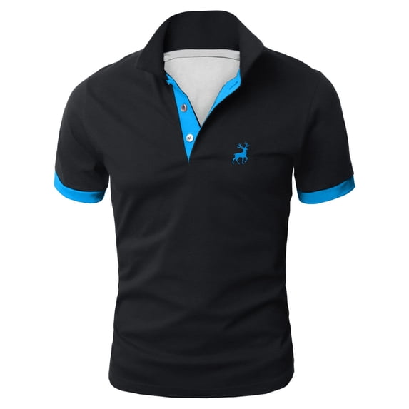 Bibifish Mens Polo Shirts Deer Embroidery Contrast Placket Short Sleeve Shirts Regular Fit Office Wear Commute Business Tops