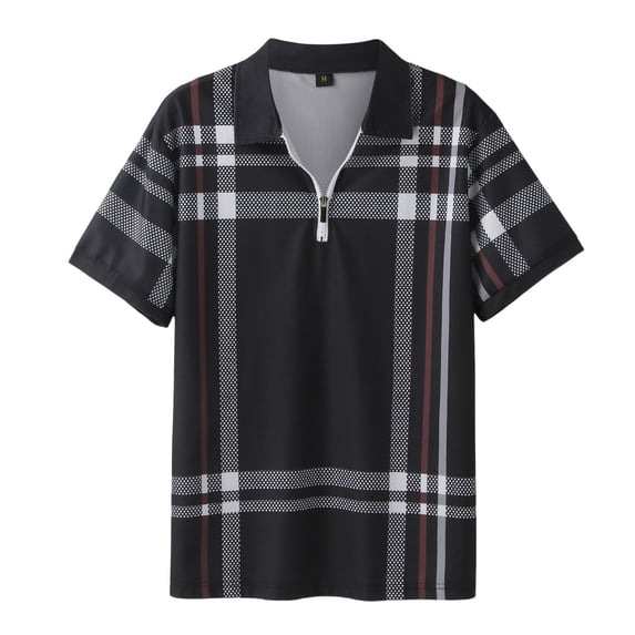 Bibifish Mens Polo Shirts Full Body Plaid Print Half Zip Placket Shirts Mens Spring Summer Vacation Daily Tops