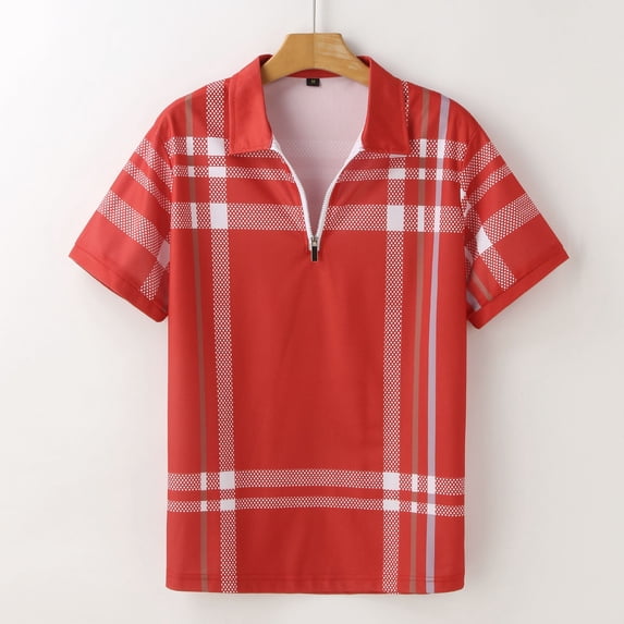 Bibifish Mens Polo Shirts Full Body Plaid Print Half Zip Placket Shirts Mens Spring Summer Vacation Daily Tops
