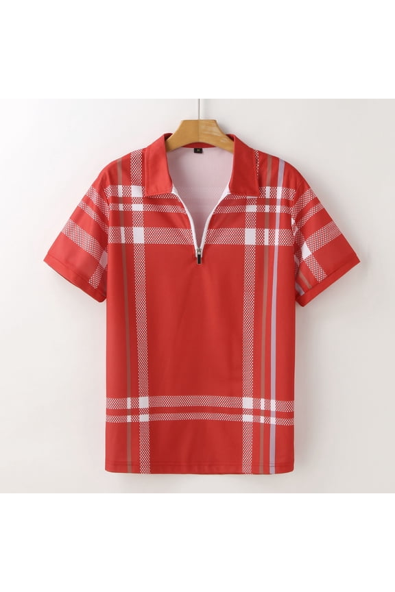 Mens Polo Shirts Full Body Plaid Print Half Zip Placket Shirts Mens Spring Summer Vacation Daily Tops