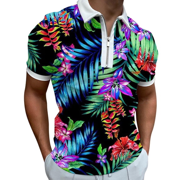 Bibifish Mens Polo Shirts Gold Leaf Print Short Sleeve Zip Lapel Collar Solid Black Shirts Summer Vacation Wear Tops