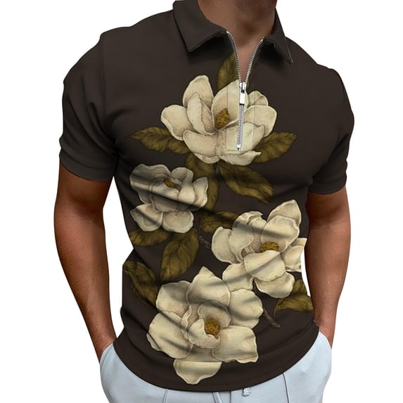 Bibifish Mens Polo Shirts Gold Leaf Print Short Sleeve Zip Lapel Collar Solid Black Shirts Summer Vacation Wear Tops