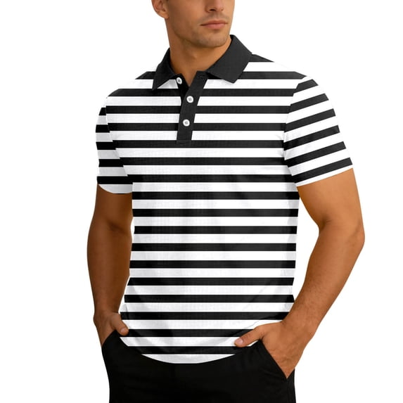 Bibifish Mens Polo Shirts Horizontal Striped Design Short Sleeve Shirts Classic Fit Business Commute Leisure Tops