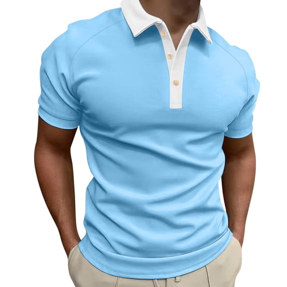 Bibifish Mens Polo Shirts Light Blue Body White Lapel Collar Button Placket Shirts Mens Spring Summer Basic Daily Tops