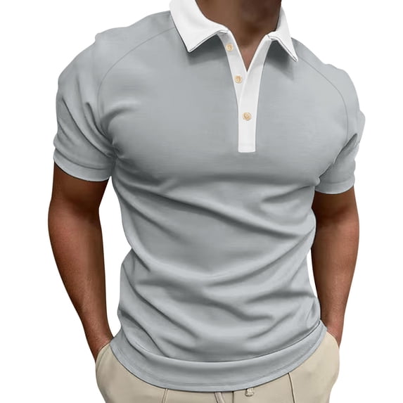 Bibifish Mens Polo Shirts Light Blue Body White Lapel Collar Button Placket Shirts Mens Spring Summer Basic Daily Tops