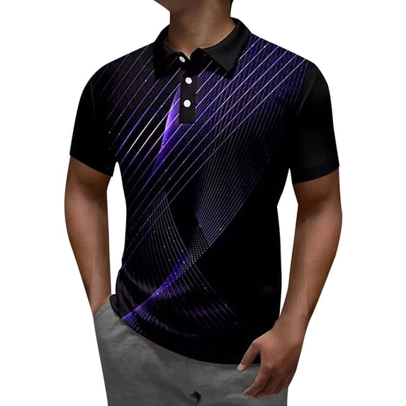 Bibifish Mens Polo Shirts Line Print Short Sleeve Lapel Collar Solid Black Shirts Summer Street Wear Tops
